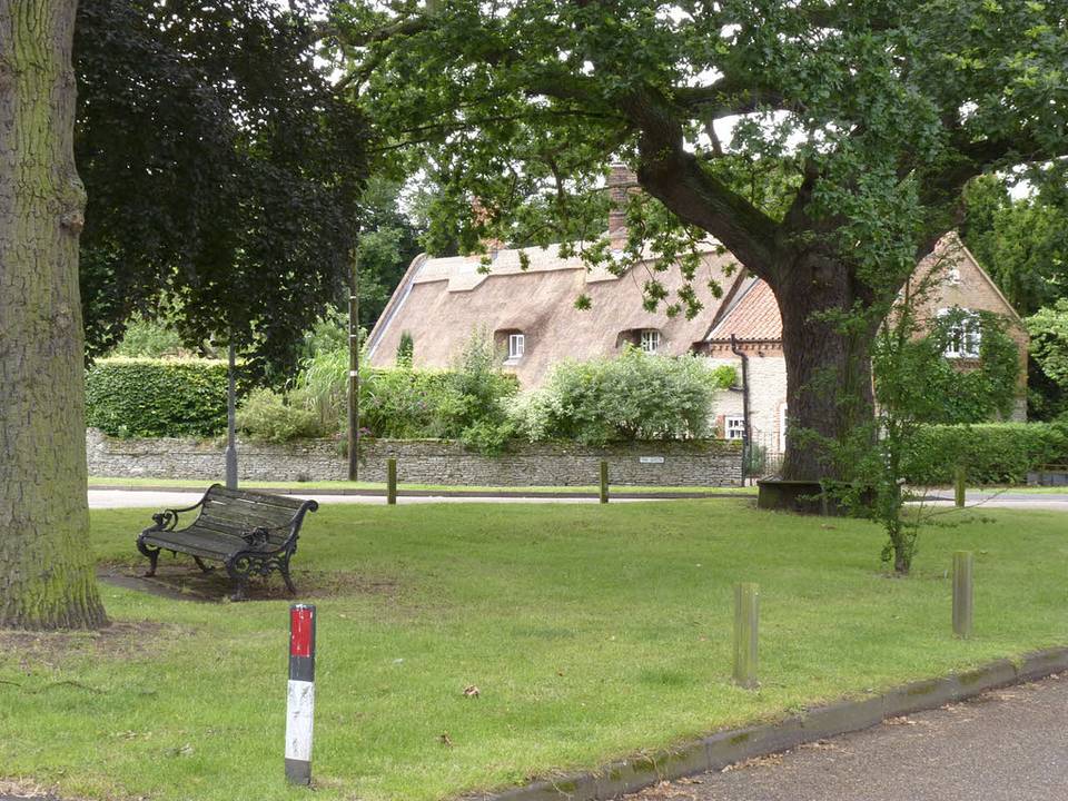 The village green at South Collingham, with an oak tree, a bench and a thatched cottage behind a stone wall