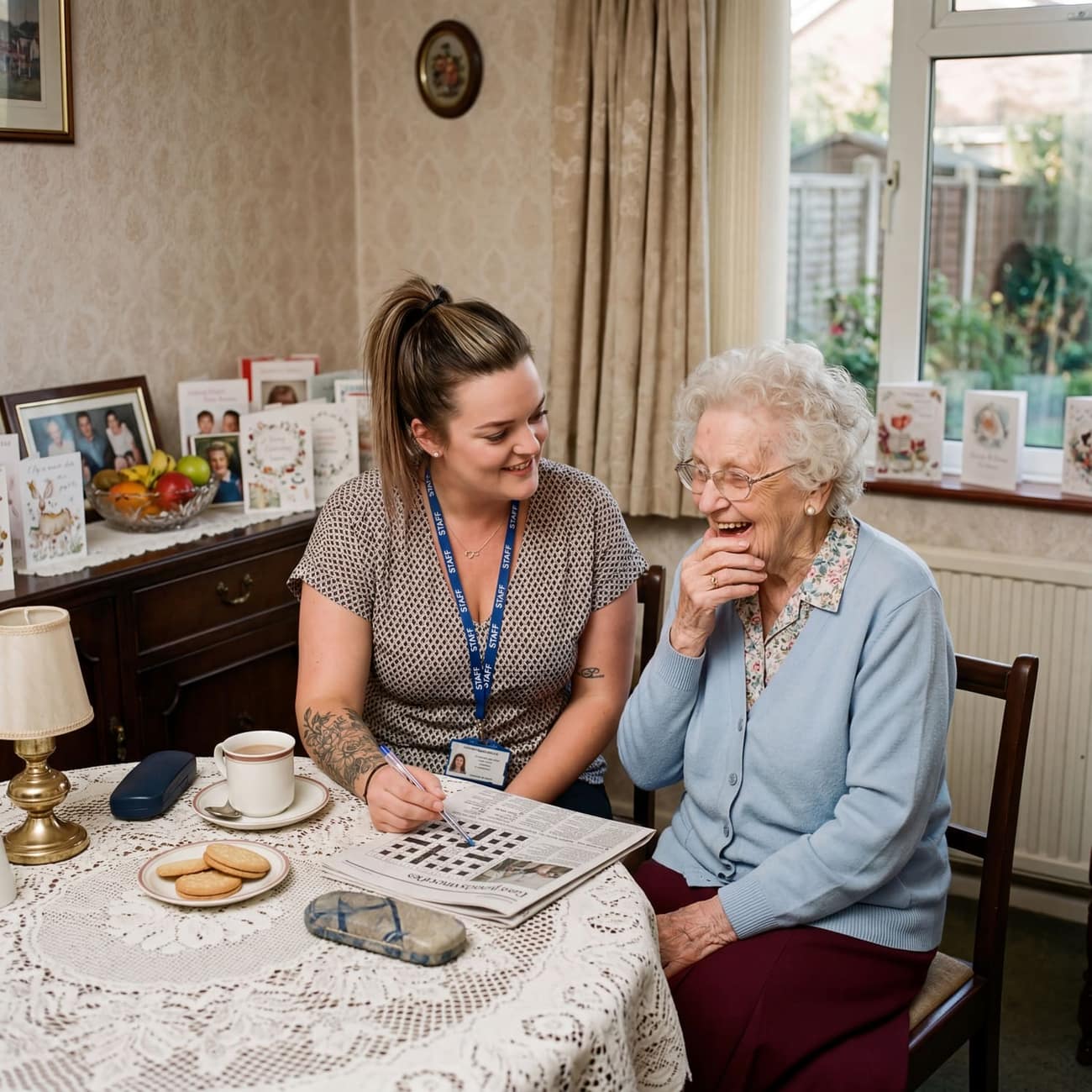 Carer completing a crossword with a client at home