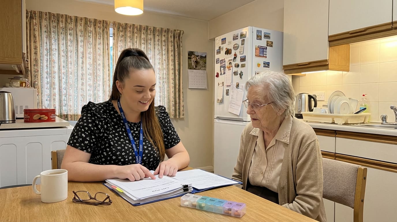 Carer supporting a client to arrange their medication